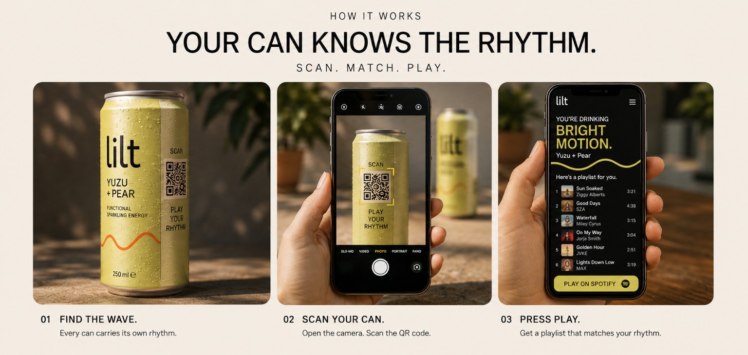 LILT How It Works: find the QR code on the can, scan it, and open the matching rhythm playlist
